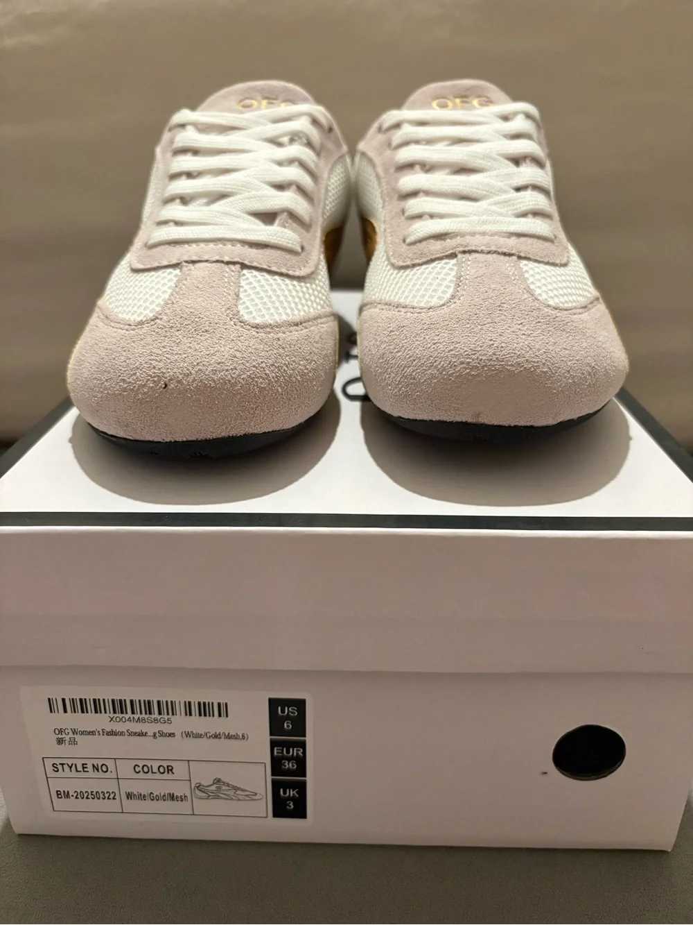 OFG Women’s Casual Mesh and Suede Sneaker in White and Tan - US Size 6